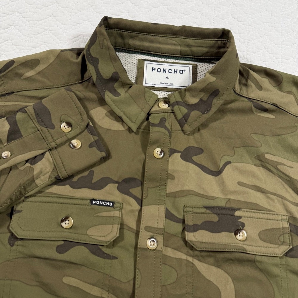 NWOT PONCHO Kids Large KL‎ Camo Button Up Shirt Long Sleeve Nylon Performance